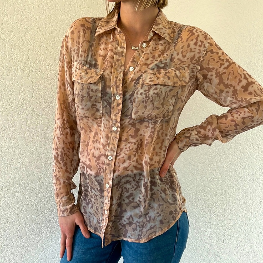 Equipment Femme Women’s Leopard Print Sheer Button Down Long Sleeve XS